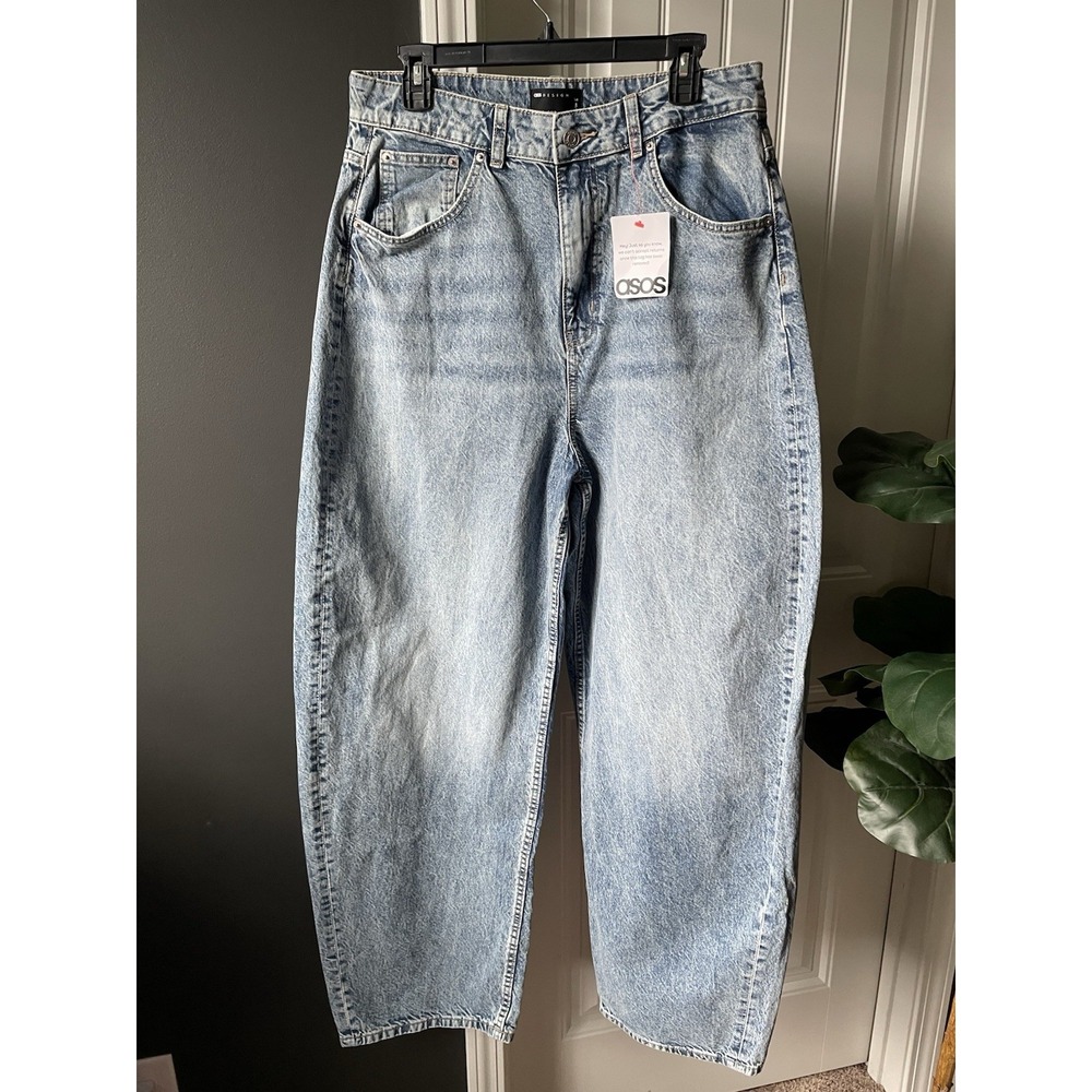 ASOS DESIGN High Rise Slim Barrel Leg Jeans Light Blue Wash 32/36 Tall or 12